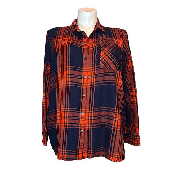 Old Navy Womens Size XXL Classic Navy Orange Plaid Button Front Flannel Casual - Picture 1 of 13